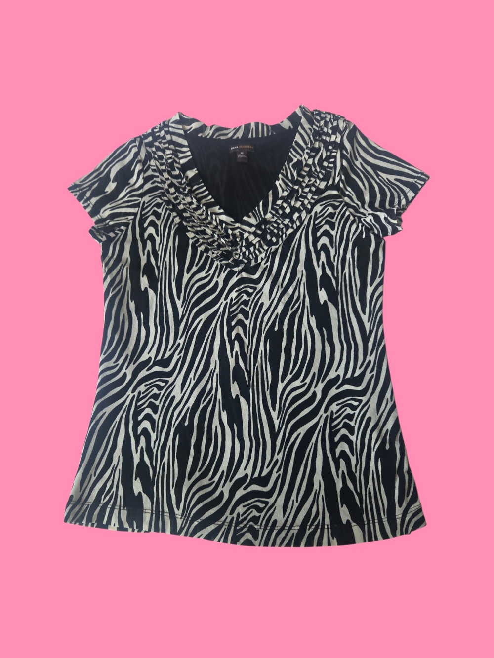 Dana Buchman Black and White Zebra Print Ruffle-Trim V-Neck Top